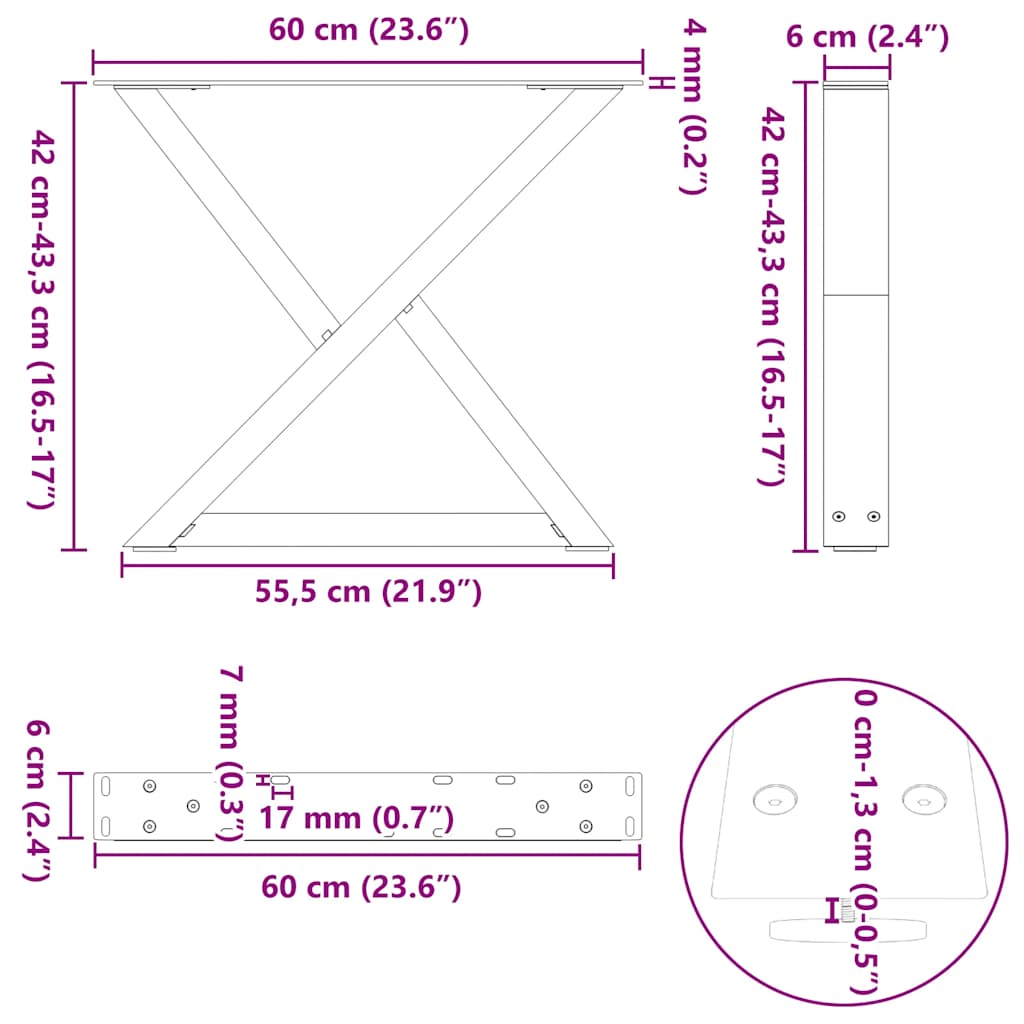 Pieds de table basse 2 pcs noir 60x(42-43,3) cm acier Pieds de table vidaXL