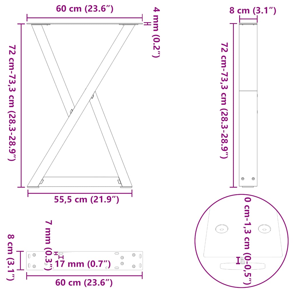 Pieds de table à manger 2 pièces Noir 60 x (72-73,3) cm Acier - XIOS