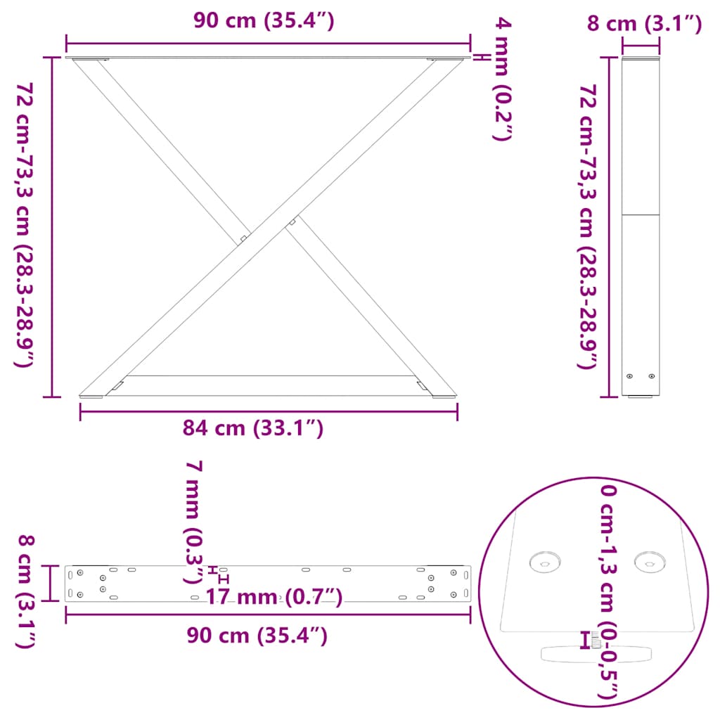 Pieds de table à manger 2 pièces Acier naturel 90 x (72-73,3) cm Acier - XIOS