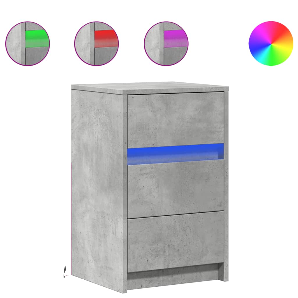 Armoire de chevet et lumières LED gris béton bois d'ingénierie