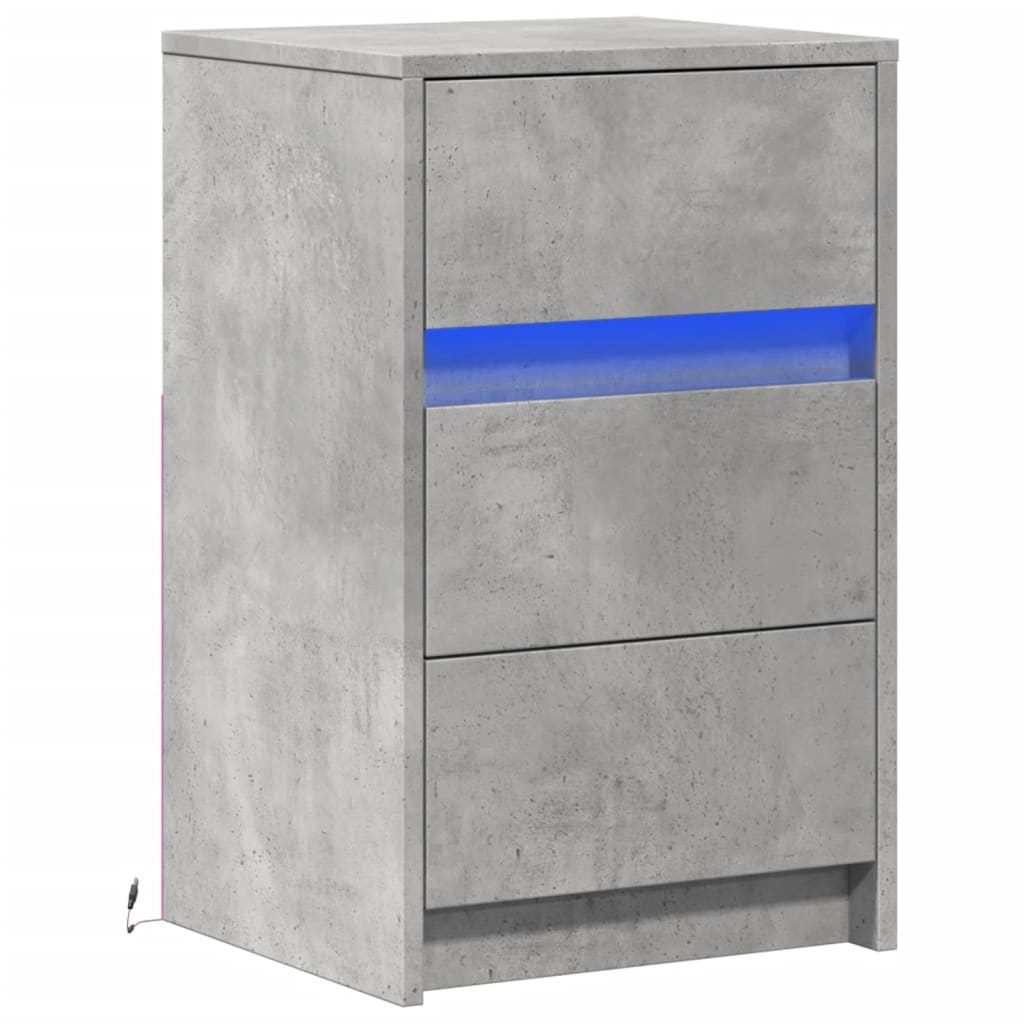 Armoire de chevet et lumières LED gris béton bois d'ingénierie - XIOS