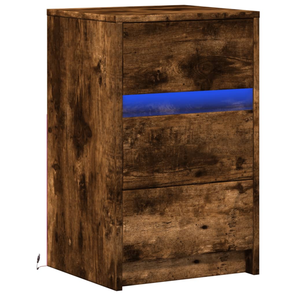 Armoire de chevet et lumières LED chêne fumé bois d'ingénierie - XIOS