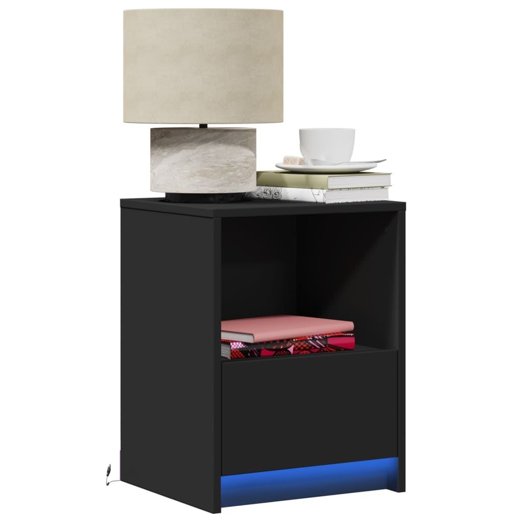 Armoires de chevet et lumières LED 2 pcs noir bois d'ingénierie - XIOS