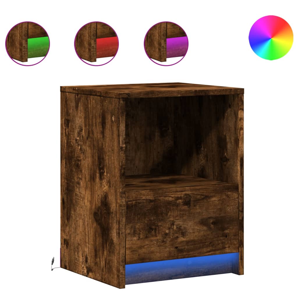 Armoire de chevet et lumières LED chêne fumé bois d'ingénierie - XIOS