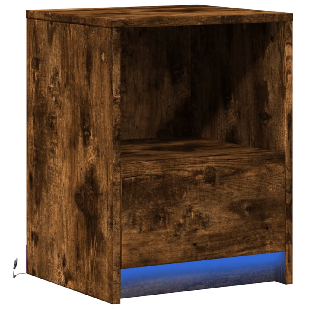 Armoire de chevet et lumières LED chêne fumé bois d'ingénierie - XIOS