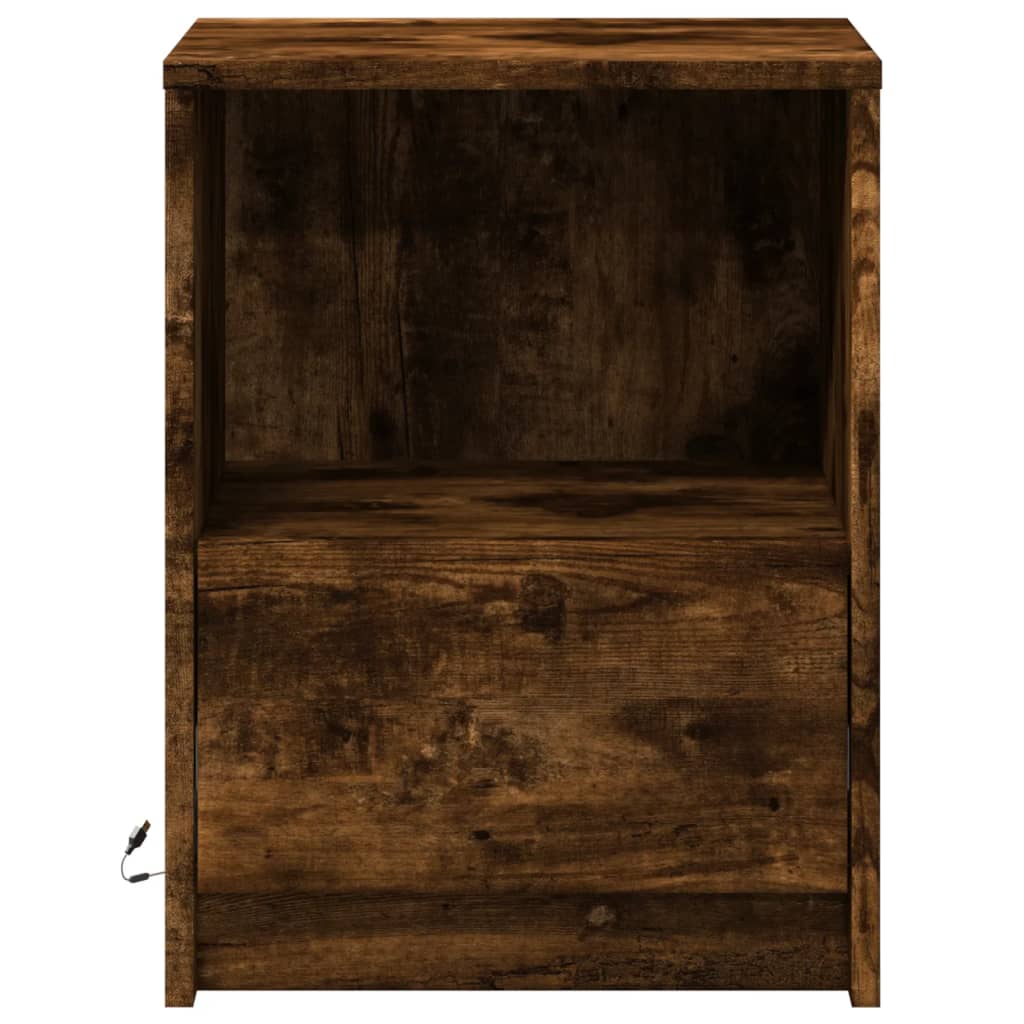 Armoire de chevet et lumières LED chêne fumé bois d'ingénierie - XIOS