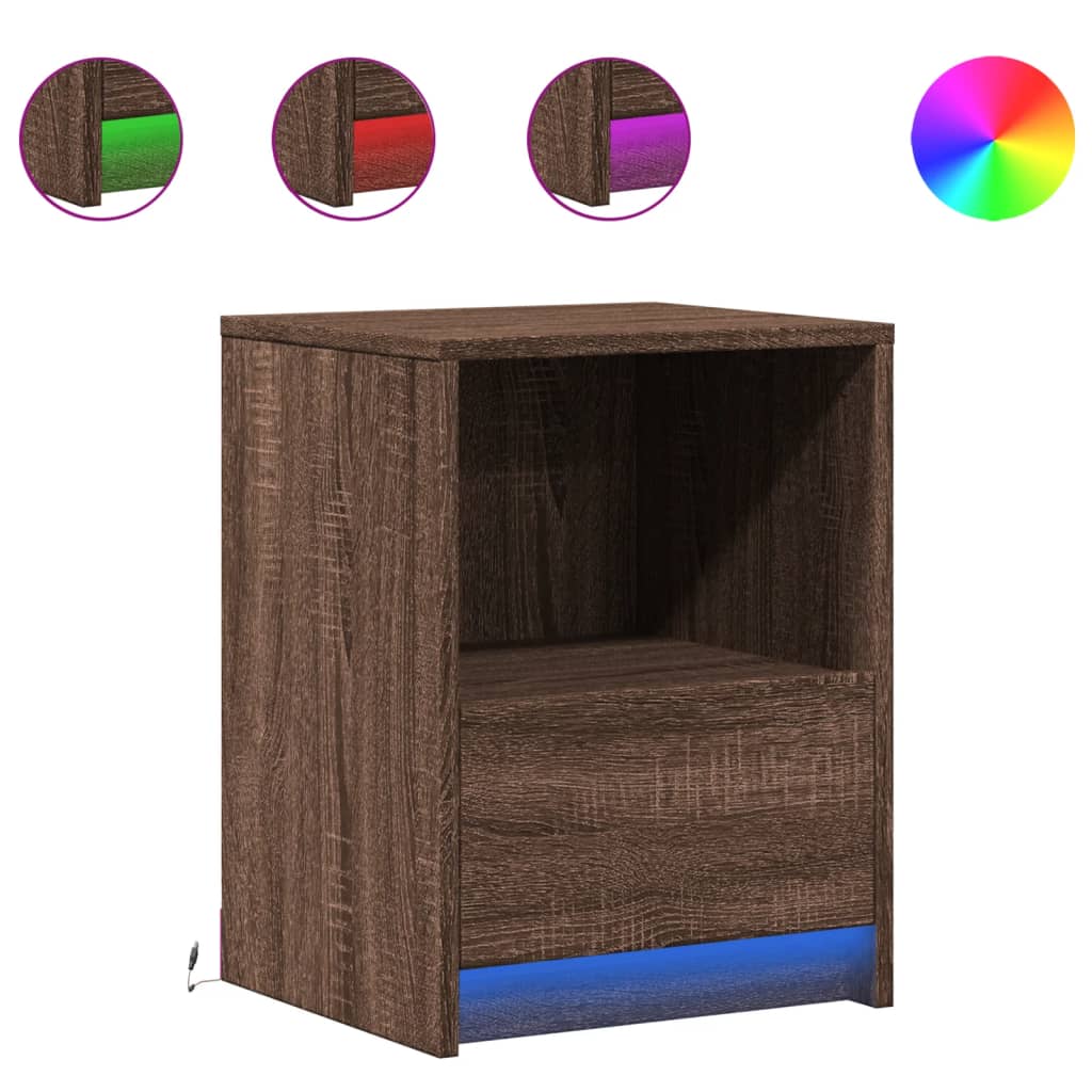Armoire de chevet et lumières LED chêne marron bois ingénierie - XIOS