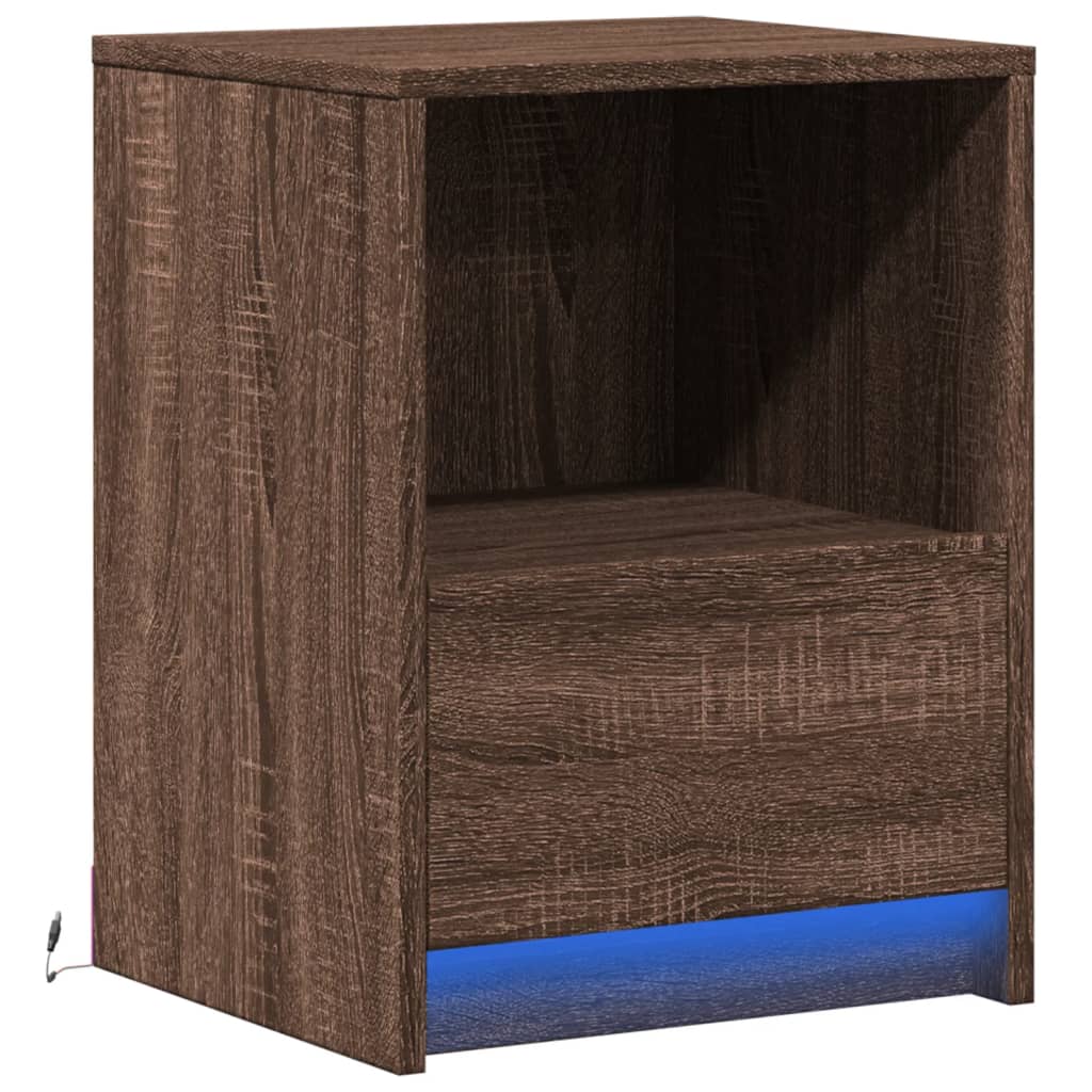 Armoire de chevet et lumières LED chêne marron bois ingénierie - XIOS