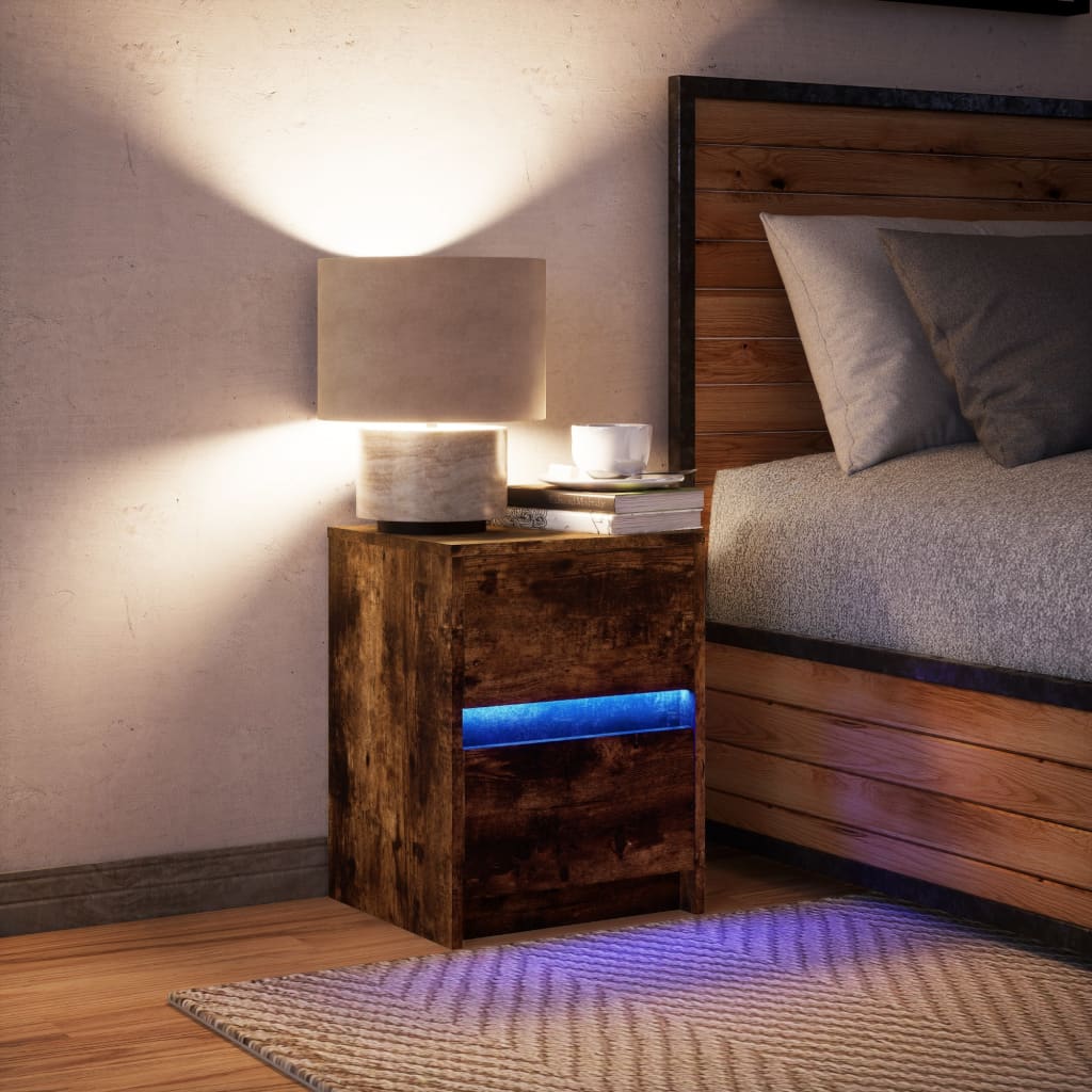 Armoire de chevet et lumières LED chêne fumé bois d'ingénierie - XIOS