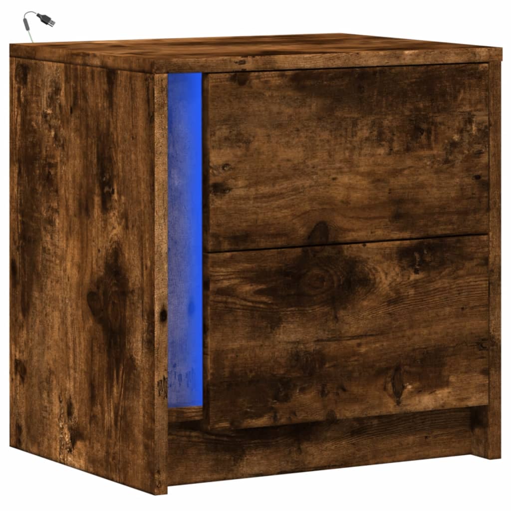 Armoire de chevet et lumières LED chêne fumé bois d'ingénierie - XIOS