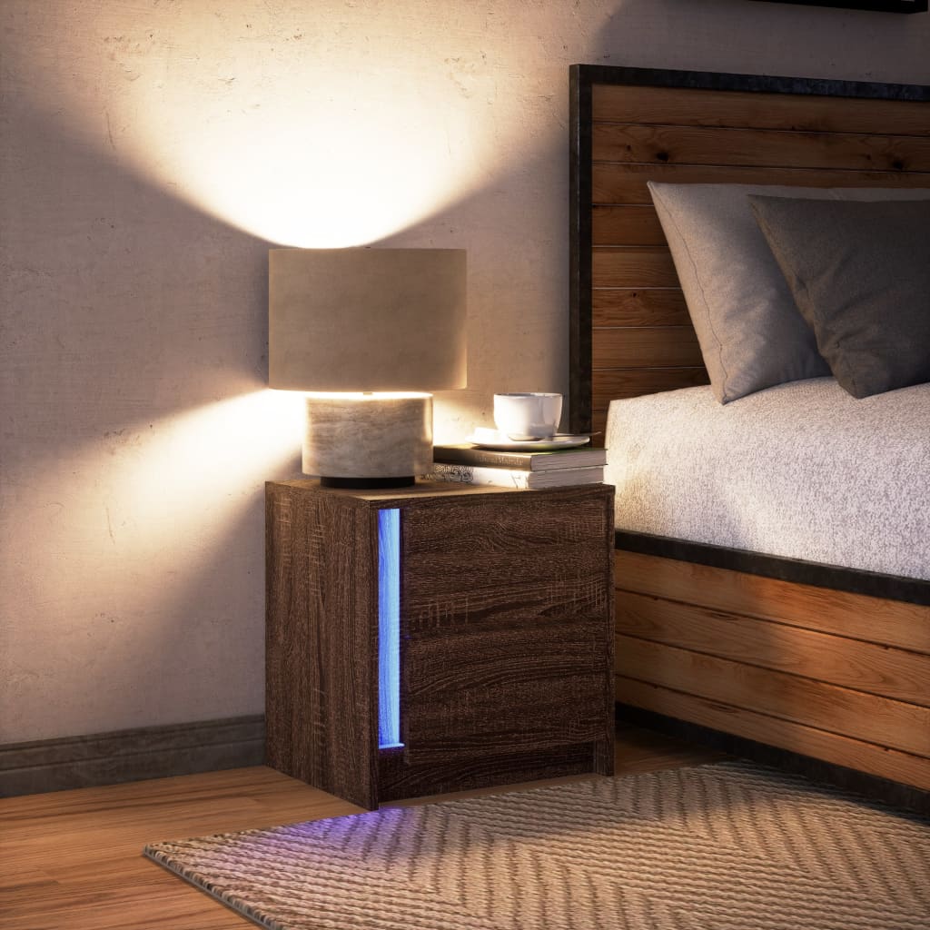 Armoire de chevet et lumières LED chêne marron bois ingénierie - XIOS