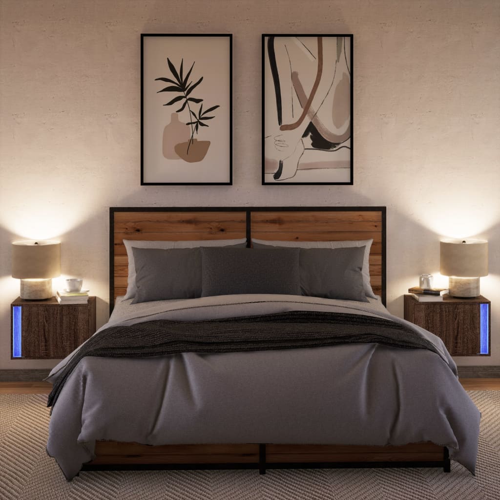 Tables de chevet murales avec lumières LED 2 pcs chêne marron - XIOS