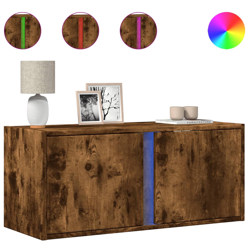 Meuble TV mural avec lumières LED chêne fumé 80x31x35 cm Meubles TV vidaXL   