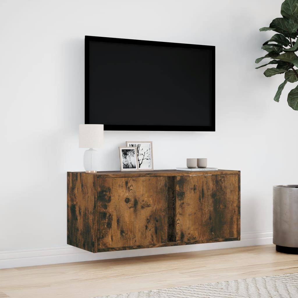 Meuble TV mural avec lumières LED chêne fumé 80x31x35 cm Meubles TV vidaXL   