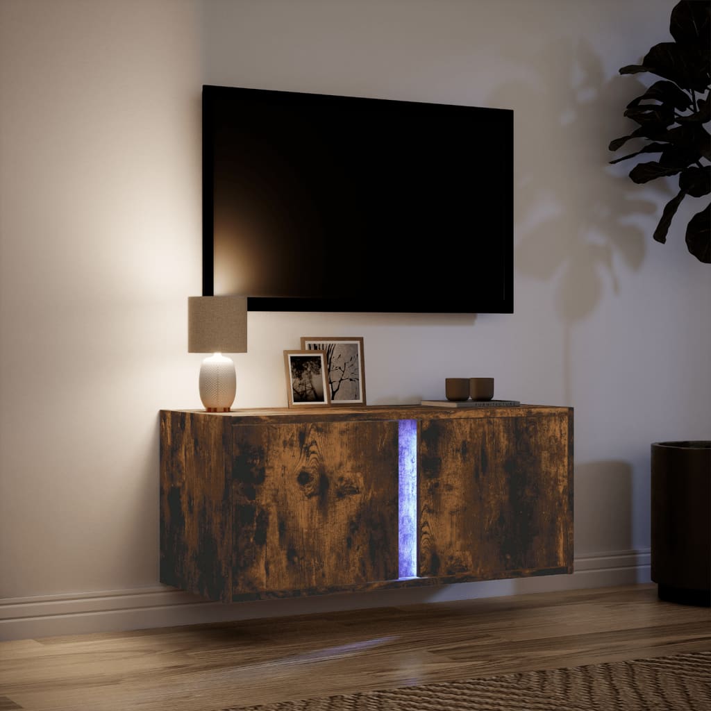 Meuble TV mural avec lumières LED chêne fumé 80x31x35 cm Meubles TV vidaXL   