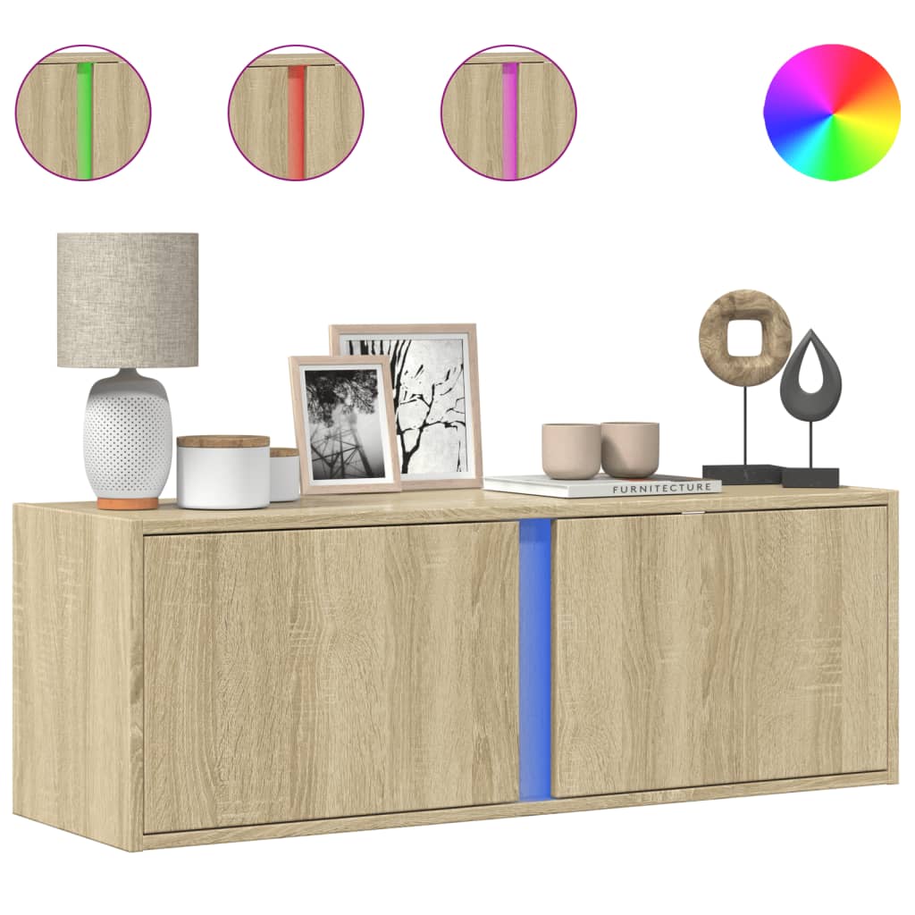 Meuble TV mural avec lumières LED chêne sonoma 100x31x35 cm Meubles TV vidaXL   