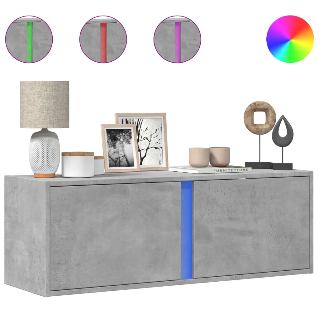 Meuble TV mural avec lumières LED gris béton 100x31x35 cm Meubles TV vidaXL   