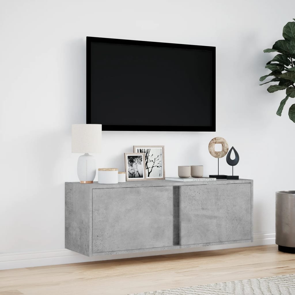 Meuble TV mural avec lumières LED gris béton 100x31x35 cm Meubles TV vidaXL   