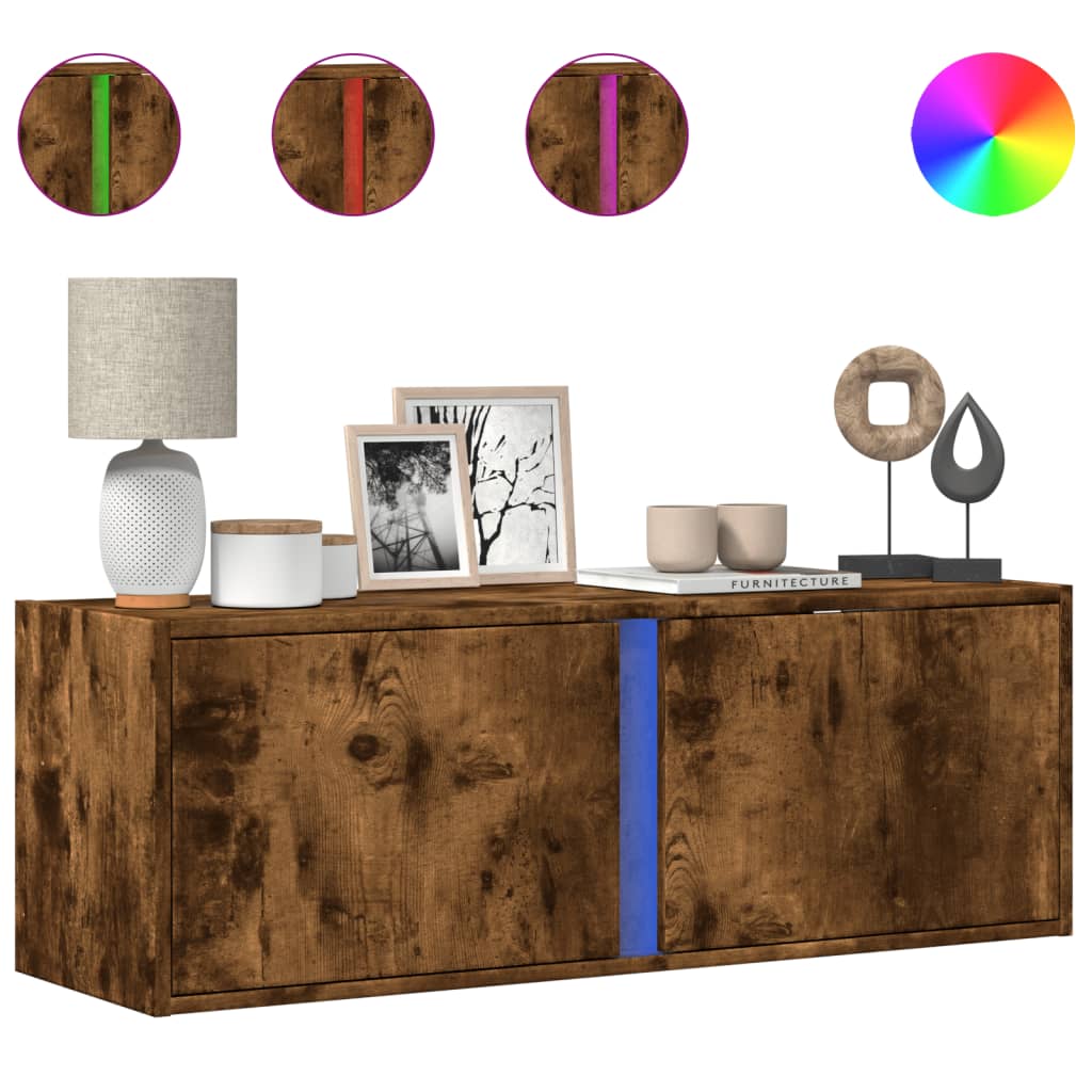 Meuble TV mural avec lumières LED chêne fumé 100x31x35 cm Meubles TV vidaXL   