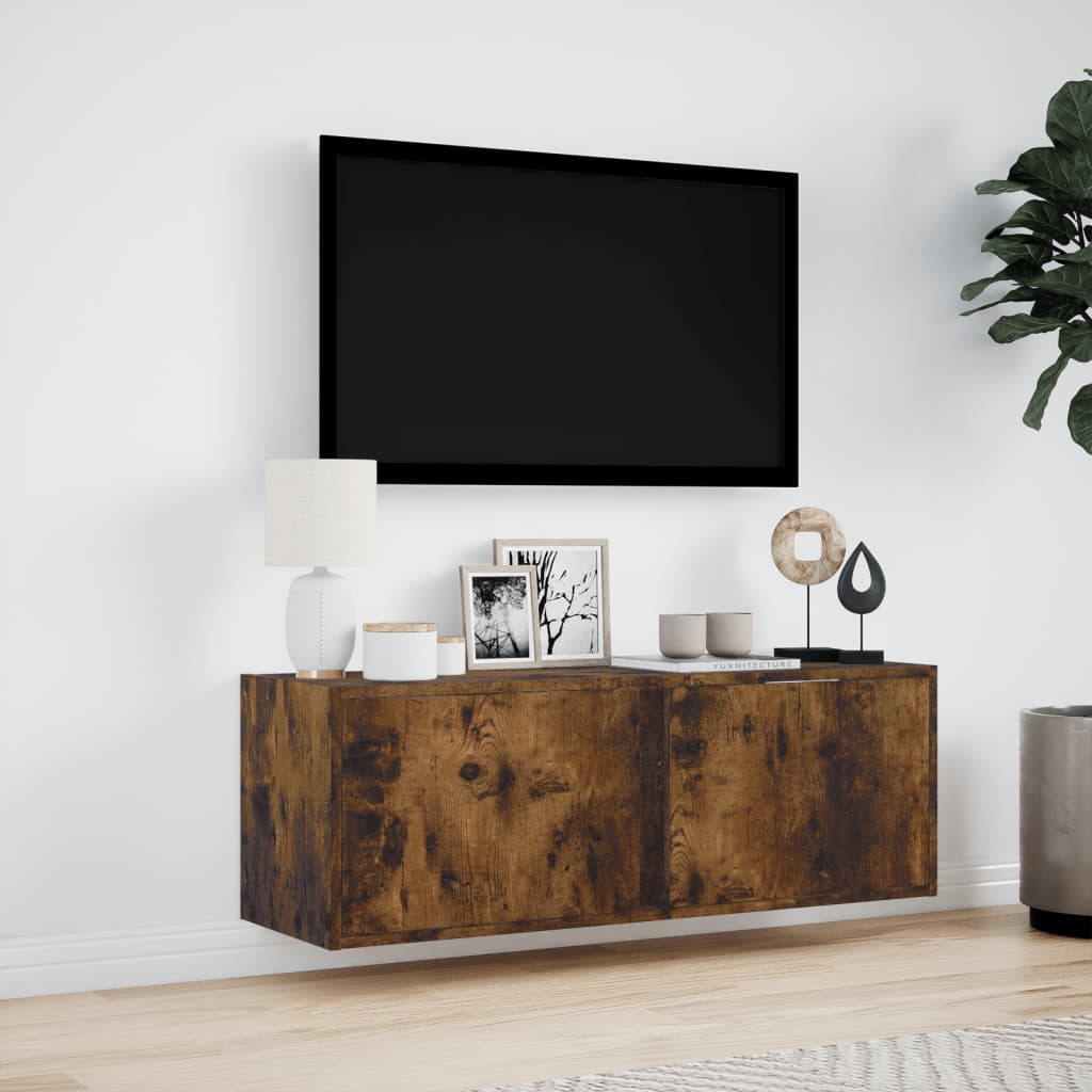 Meuble TV mural avec lumières LED chêne fumé 100x31x35 cm - XIOS