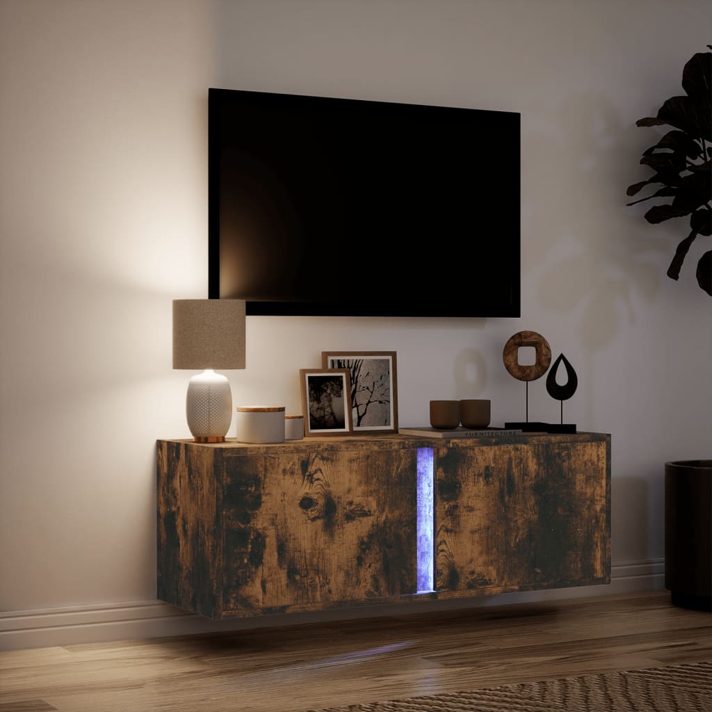 Meuble TV mural avec lumières LED chêne fumé 100x31x35 cm - XIOS