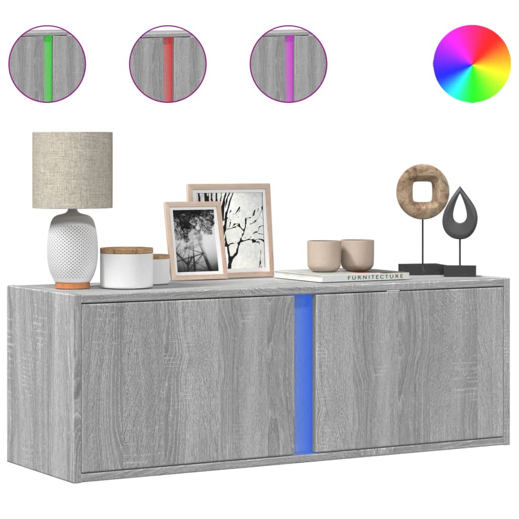 Meuble TV mural avec lumières LED sonoma gris 100x31x35 cm Meubles TV vidaXL   