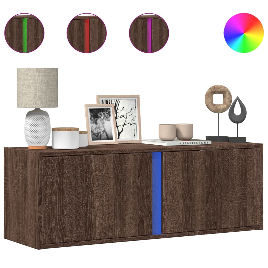 Meuble TV mural avec lumières LED chêne marron 100x31x35 cm Meubles TV vidaXL   