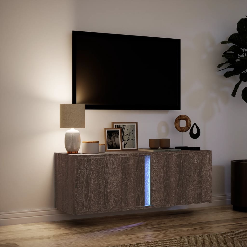 Meuble TV mural avec lumières LED chêne marron 100x31x35 cm Meubles TV vidaXL   