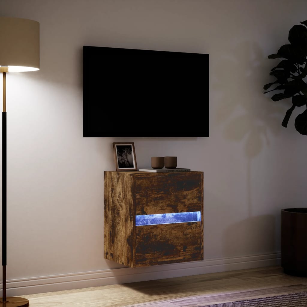 Meuble TV mural avec lumières LED chêne fumé 41x31x45 cm - XIOS