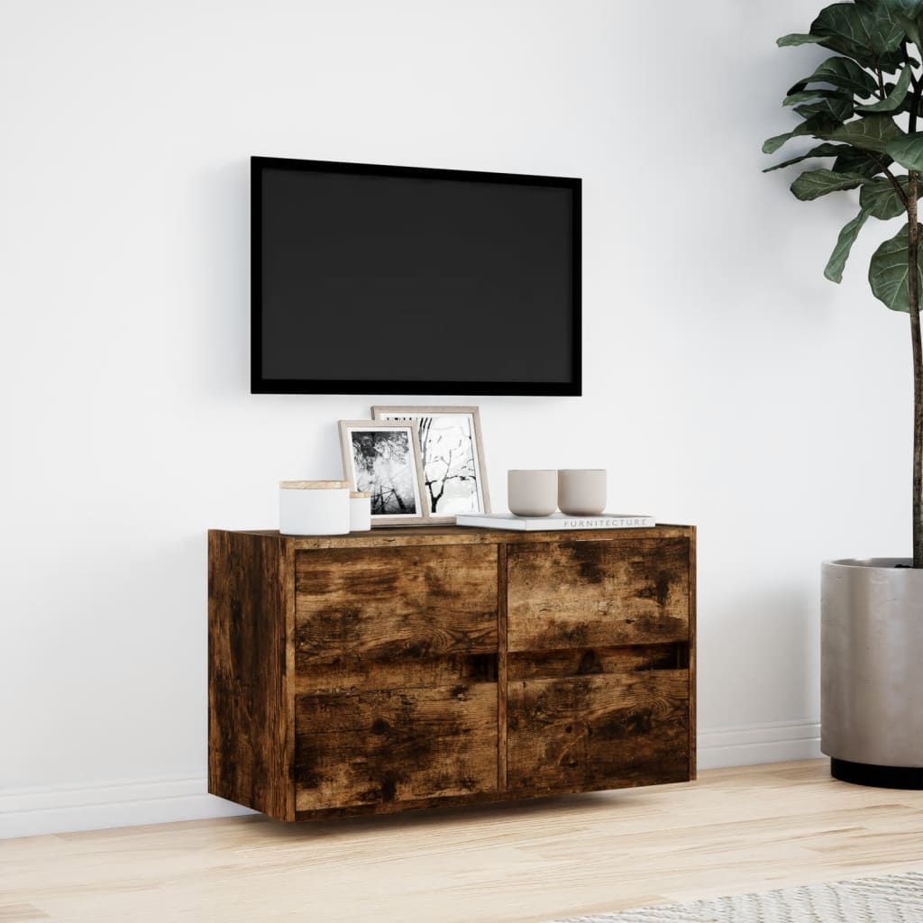 Meuble TV mural avec lumières LED chêne fumé 80x31x45 cm - XIOS