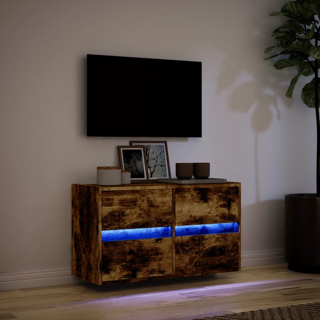 Meuble TV mural avec lumières LED chêne fumé 80x31x45 cm - XIOS