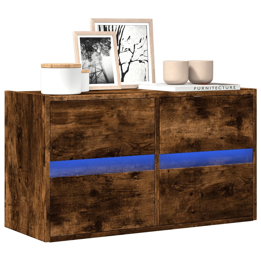 Meuble TV mural avec lumières LED chêne fumé 80x31x45 cm - XIOS