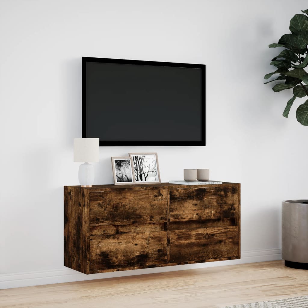 Meuble TV mural avec lumières LED chêne fumé 100x31x45 cm - XIOS