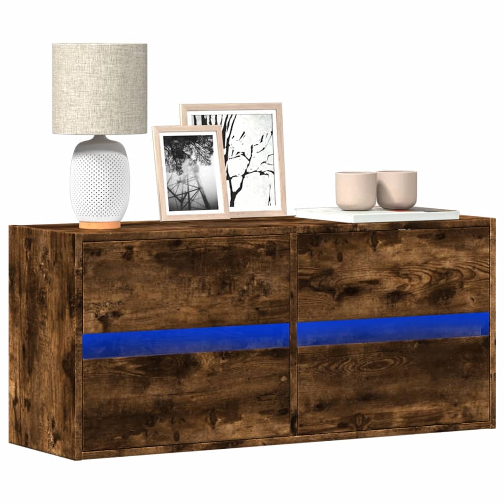 Meuble TV mural avec lumières LED chêne fumé 100x31x45 cm - XIOS