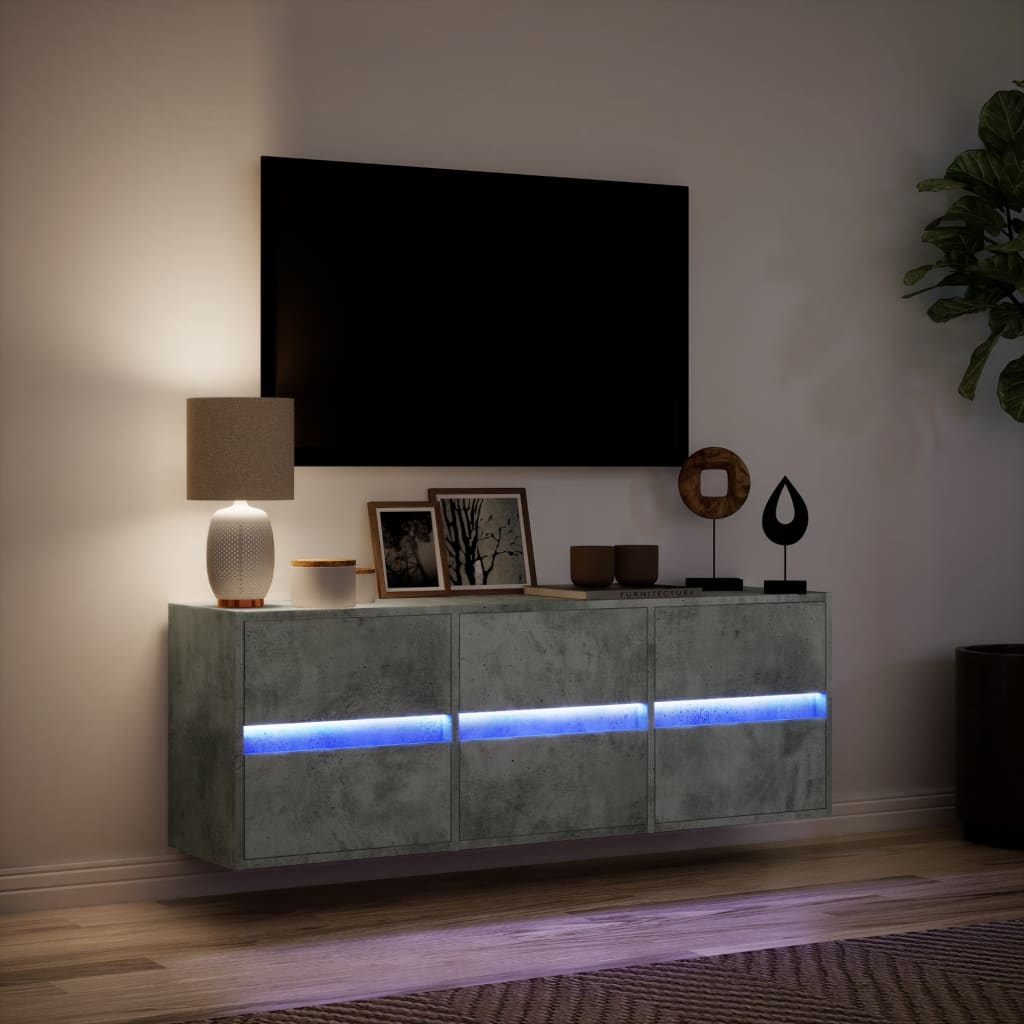 Meuble TV mural avec lumières LED gris béton 130x31x45 cm - XIOS