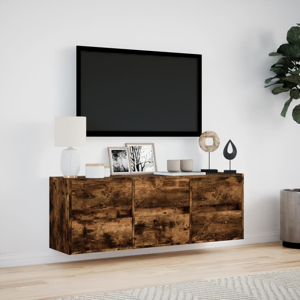 Meuble TV mural avec lumières LED chêne fumé 130x31x45 cm - XIOS