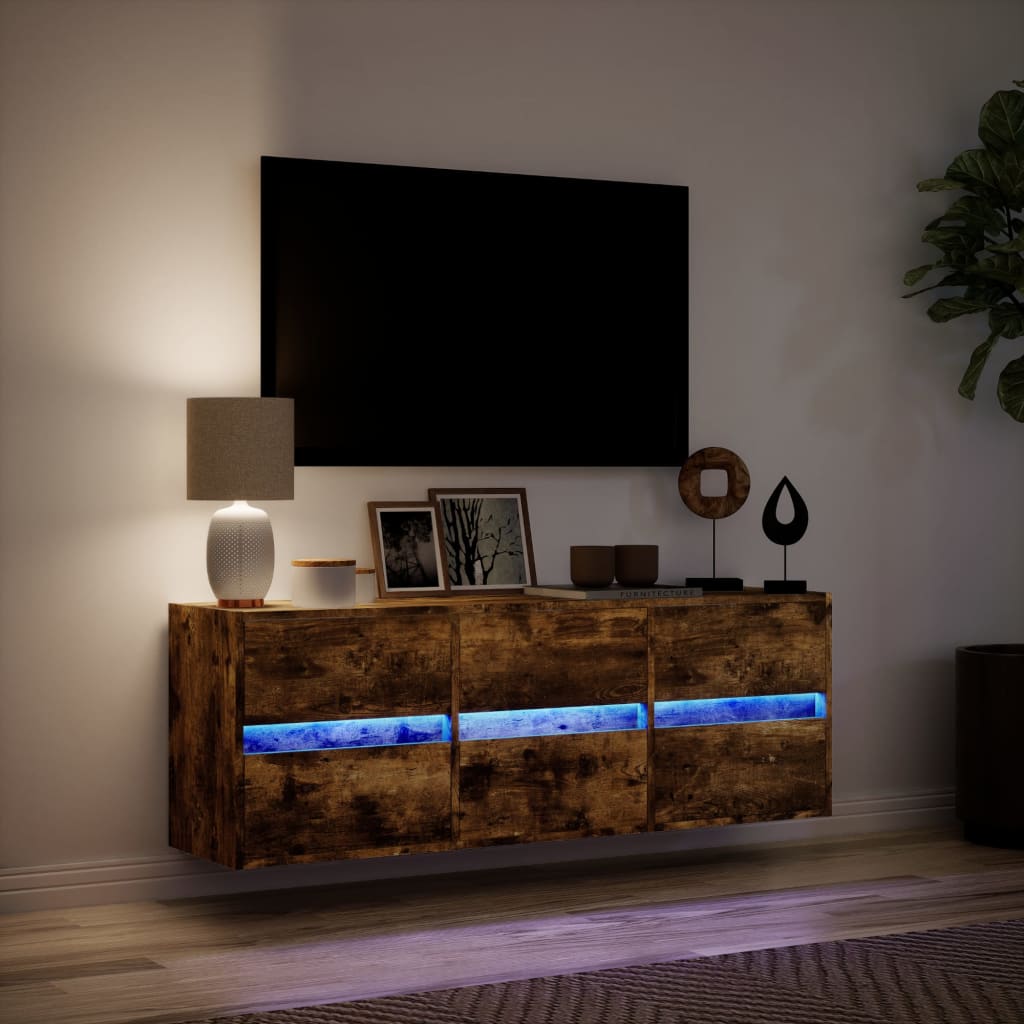 Meuble TV mural avec lumières LED chêne fumé 130x31x45 cm - XIOS