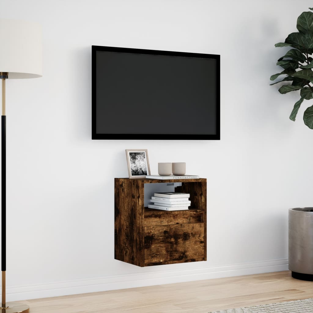 Meuble TV mural avec lumières LED chêne fumé 41x31x45 cm - XIOS