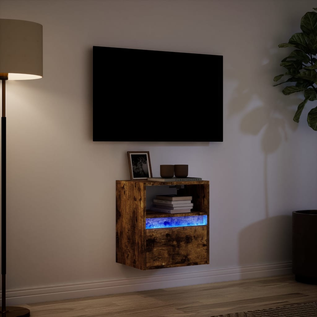Meuble TV mural avec lumières LED chêne fumé 41x31x45 cm - XIOS