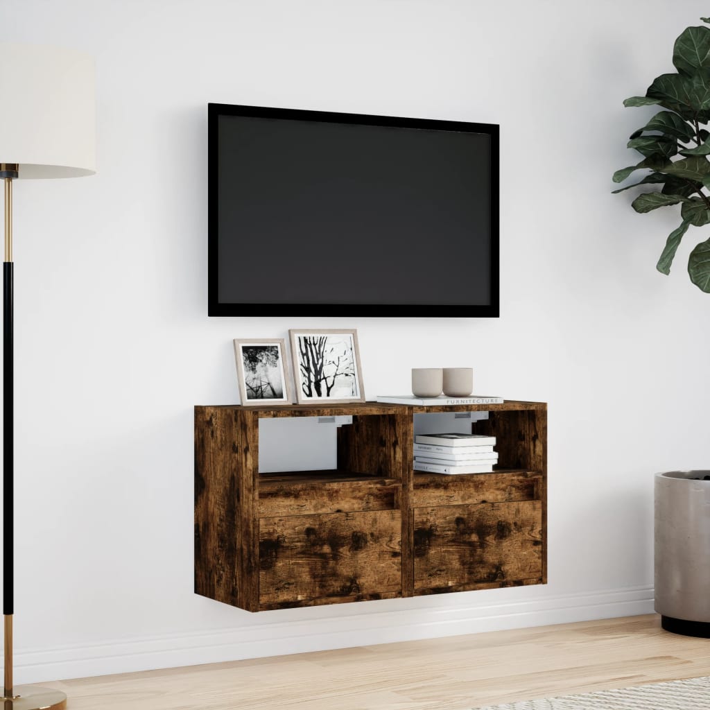 Meubles TV muraux et lumières LED 2 pcs chêne fumé 41x31x45 cm - XIOS
