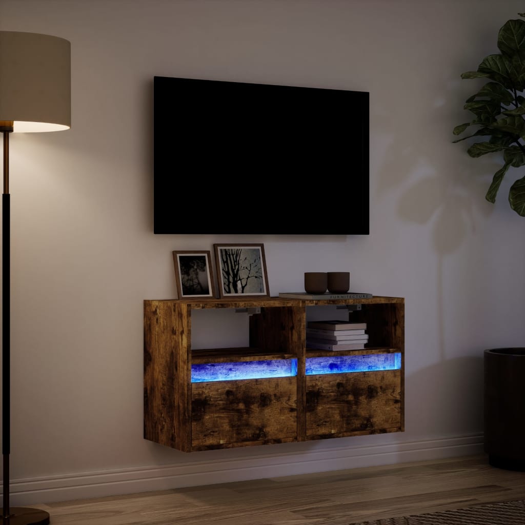 Meubles TV muraux et lumières LED 2 pcs chêne fumé 41x31x45 cm - XIOS