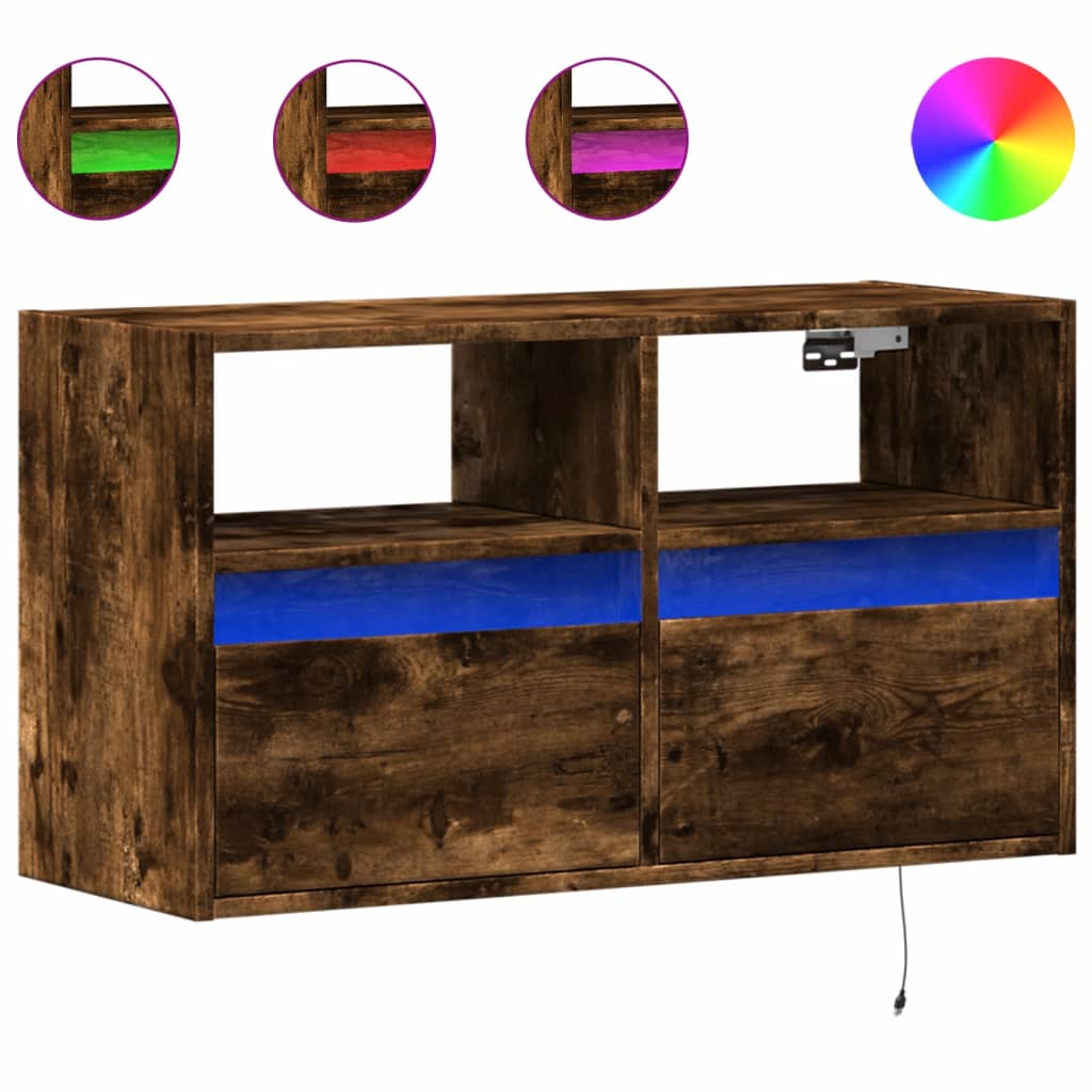 Meuble TV mural avec lumières LED chêne fumé 80x31x45 cm - XIOS