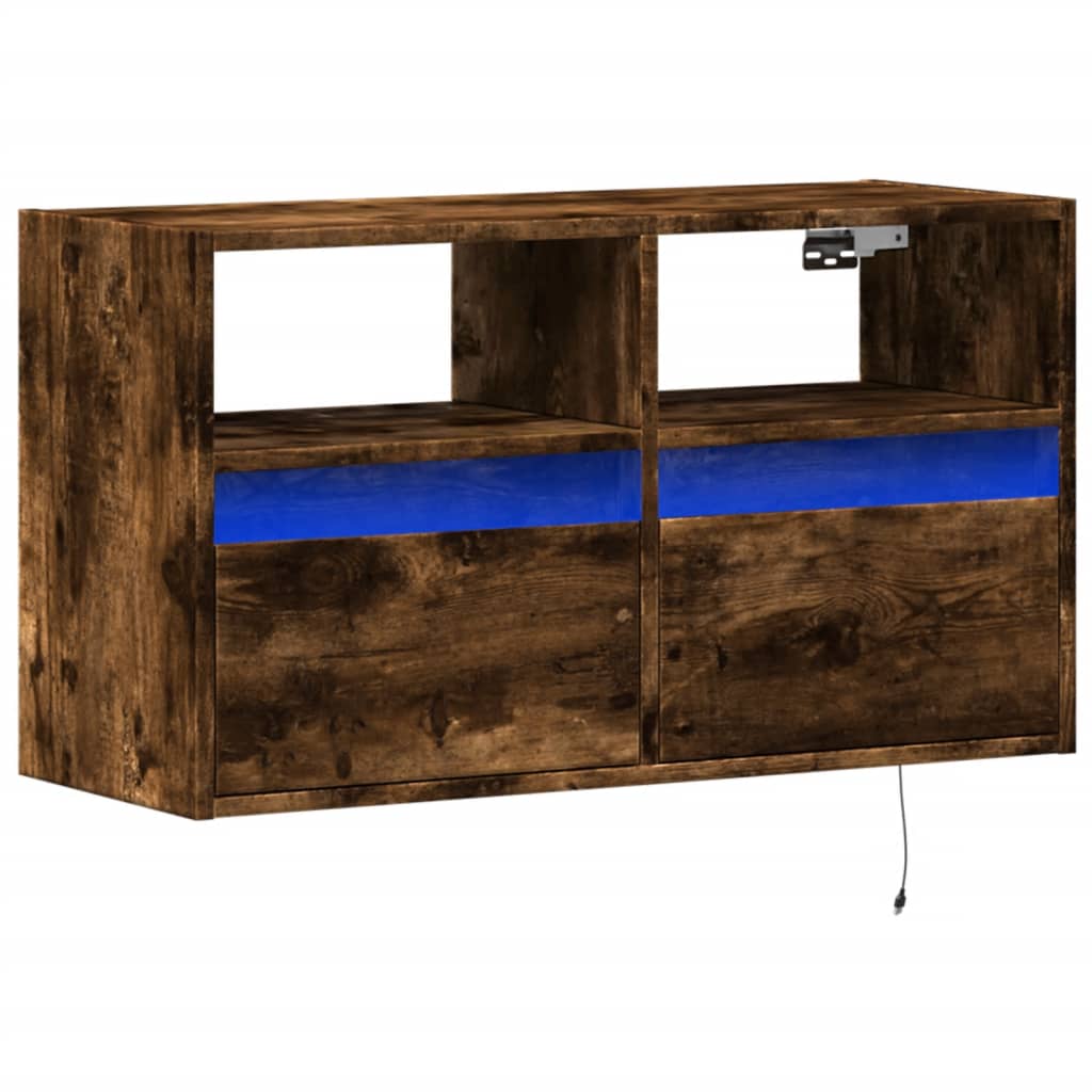 Meuble TV mural avec lumières LED chêne fumé 80x31x45 cm - XIOS