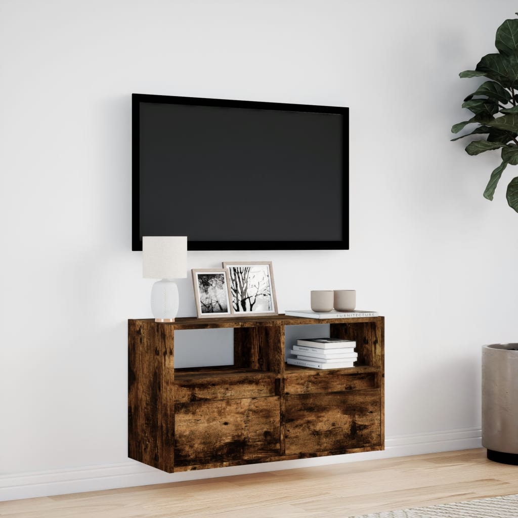 Meuble TV mural avec lumières LED chêne fumé 80x31x45 cm - XIOS