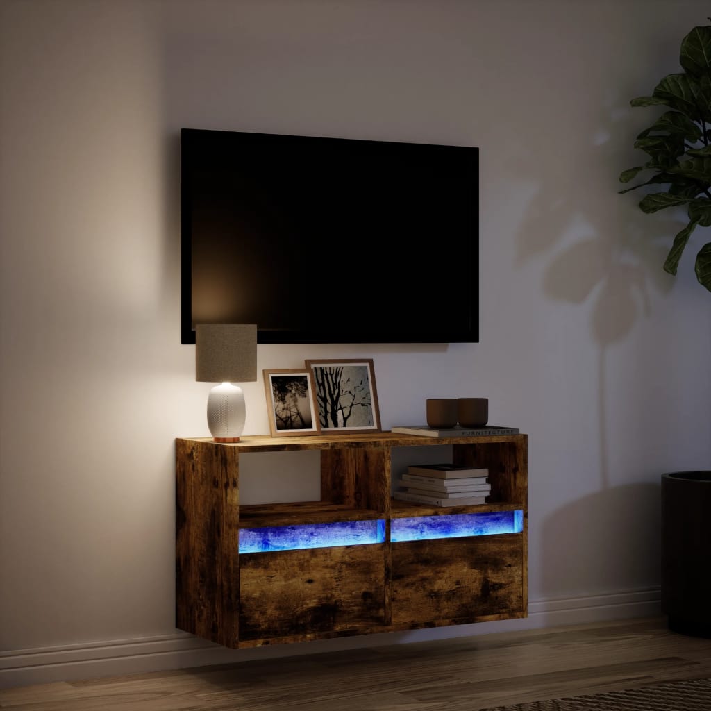 Meuble TV mural avec lumières LED chêne fumé 80x31x45 cm - XIOS