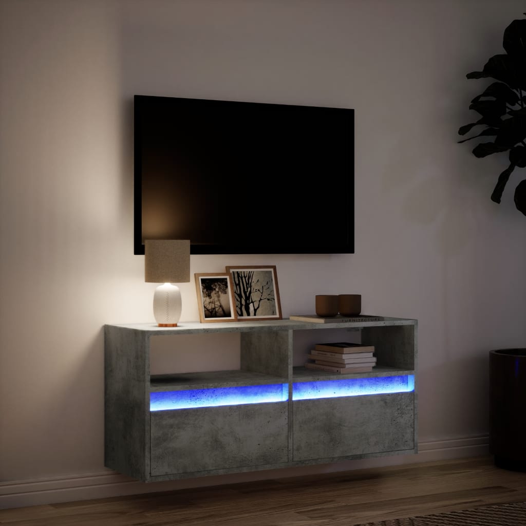 Meuble TV mural avec lumières LED gris béton 100x31x45 cm - XIOS