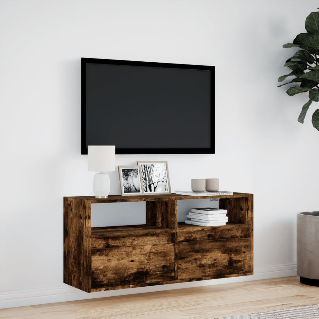 Meuble TV mural avec lumières LED chêne fumé 100x31x45 cm - XIOS