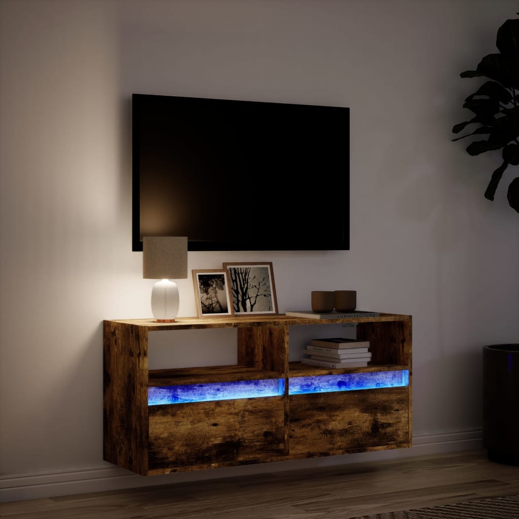 Meuble TV mural avec lumières LED chêne fumé 100x31x45 cm - XIOS