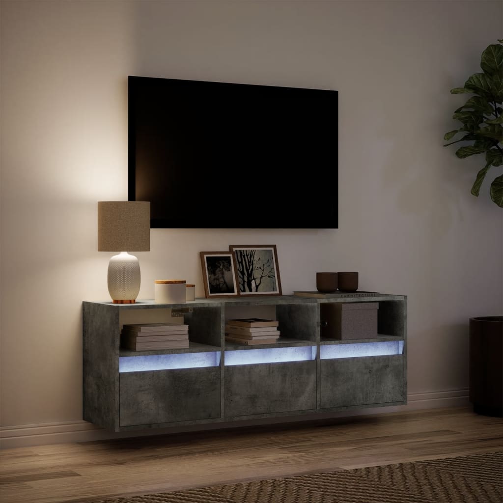 Meuble TV mural avec lumières LED gris béton 130x31x45 cm - XIOS