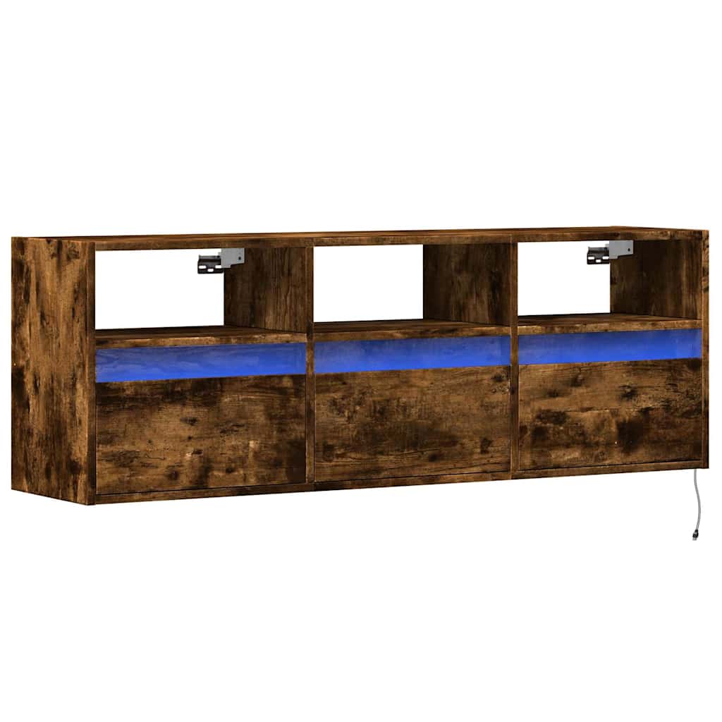 Meuble TV mural avec lumières LED chêne fumé 130x31x45 cm - XIOS